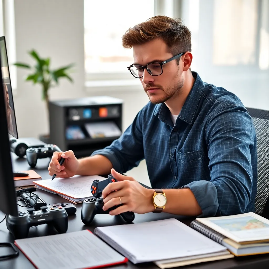 Person schreibt strukturierte Spielrezension am Computer