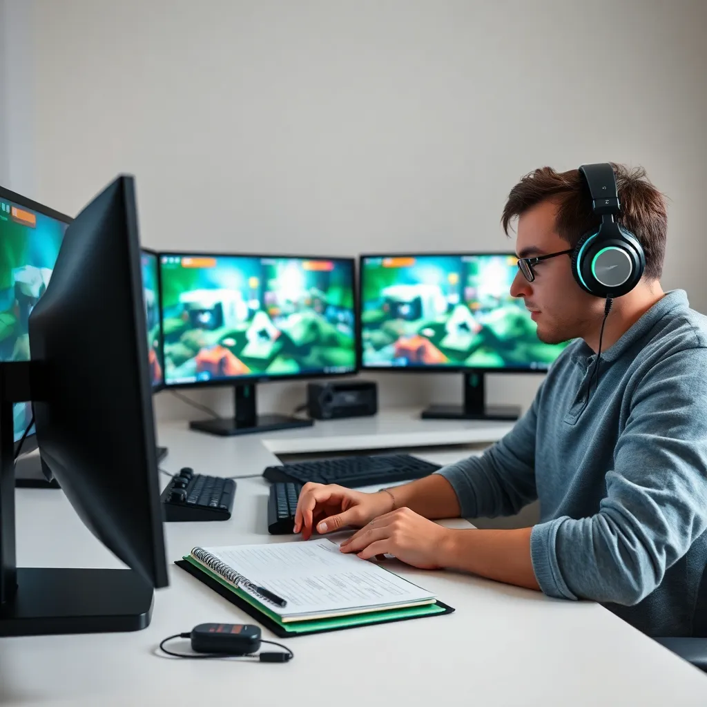 Professioneller Spielkritiker bei der Analyse eines Videospiels an einem ordentlichen Arbeitsplatz