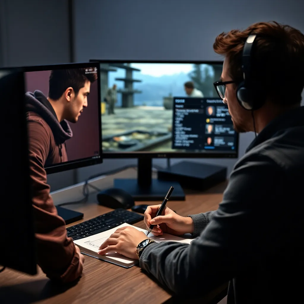 Person analysiert Narration und Charakterentwicklung in Spielen