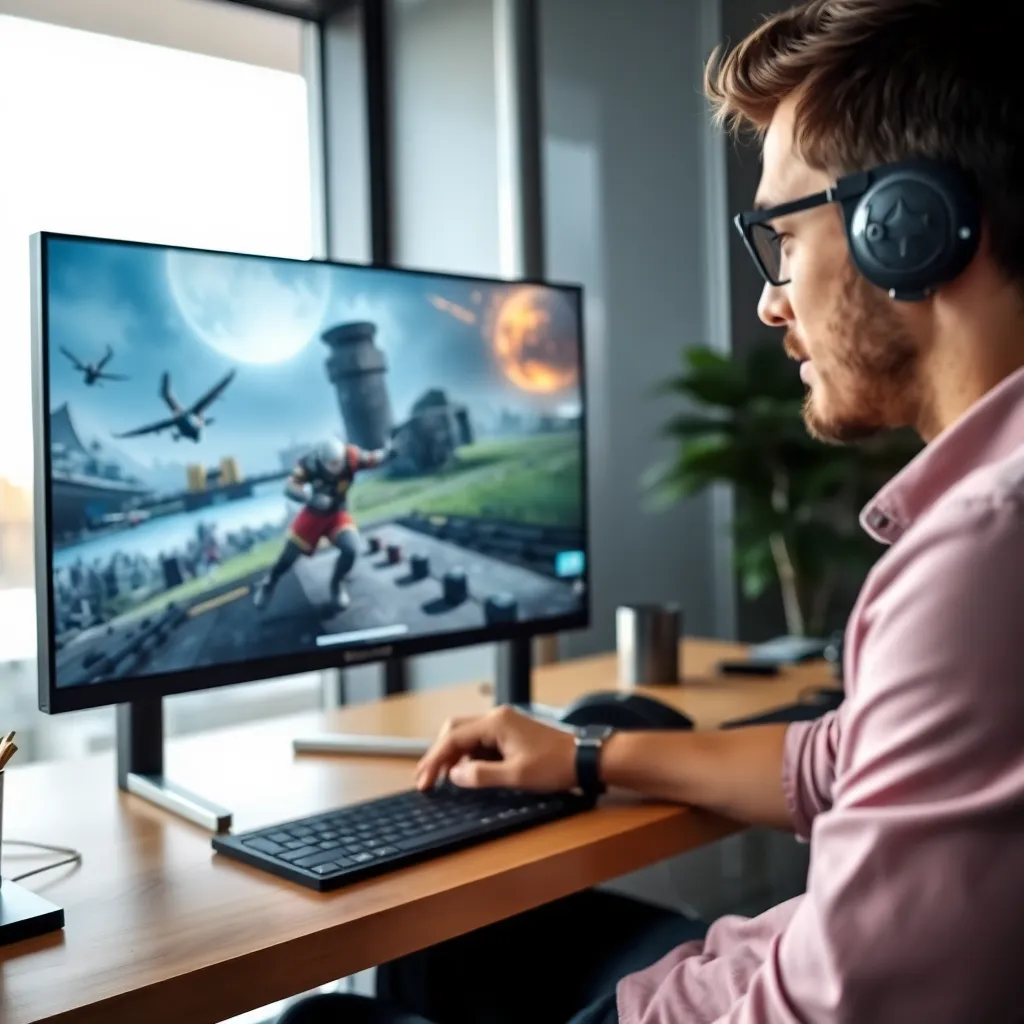 Professioneller Spielerezensent analysiert die visuelle Gestaltung eines Videospiels auf einem großen Monitor