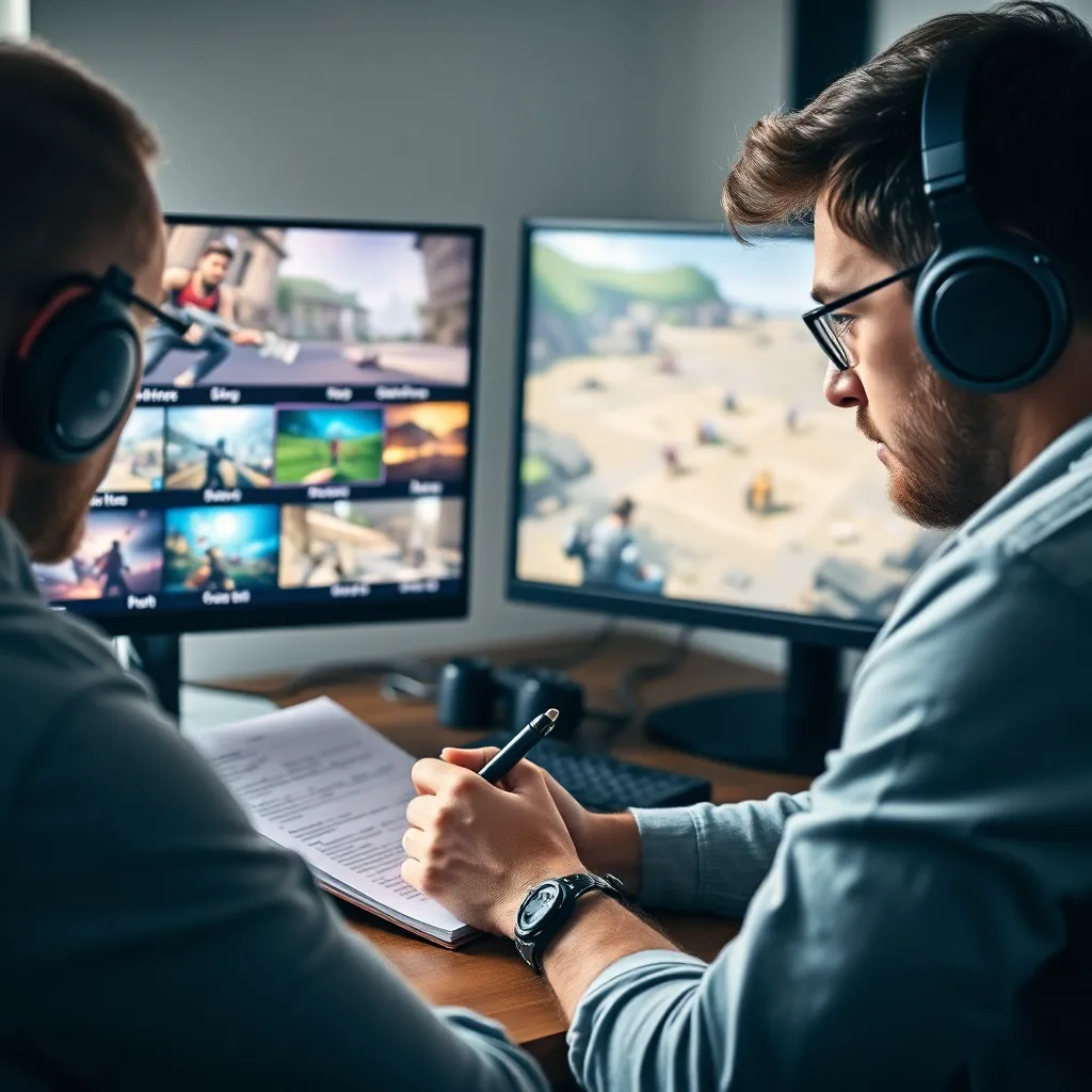 Person analysiert Spielmechaniken mit Notizen und Screenshots