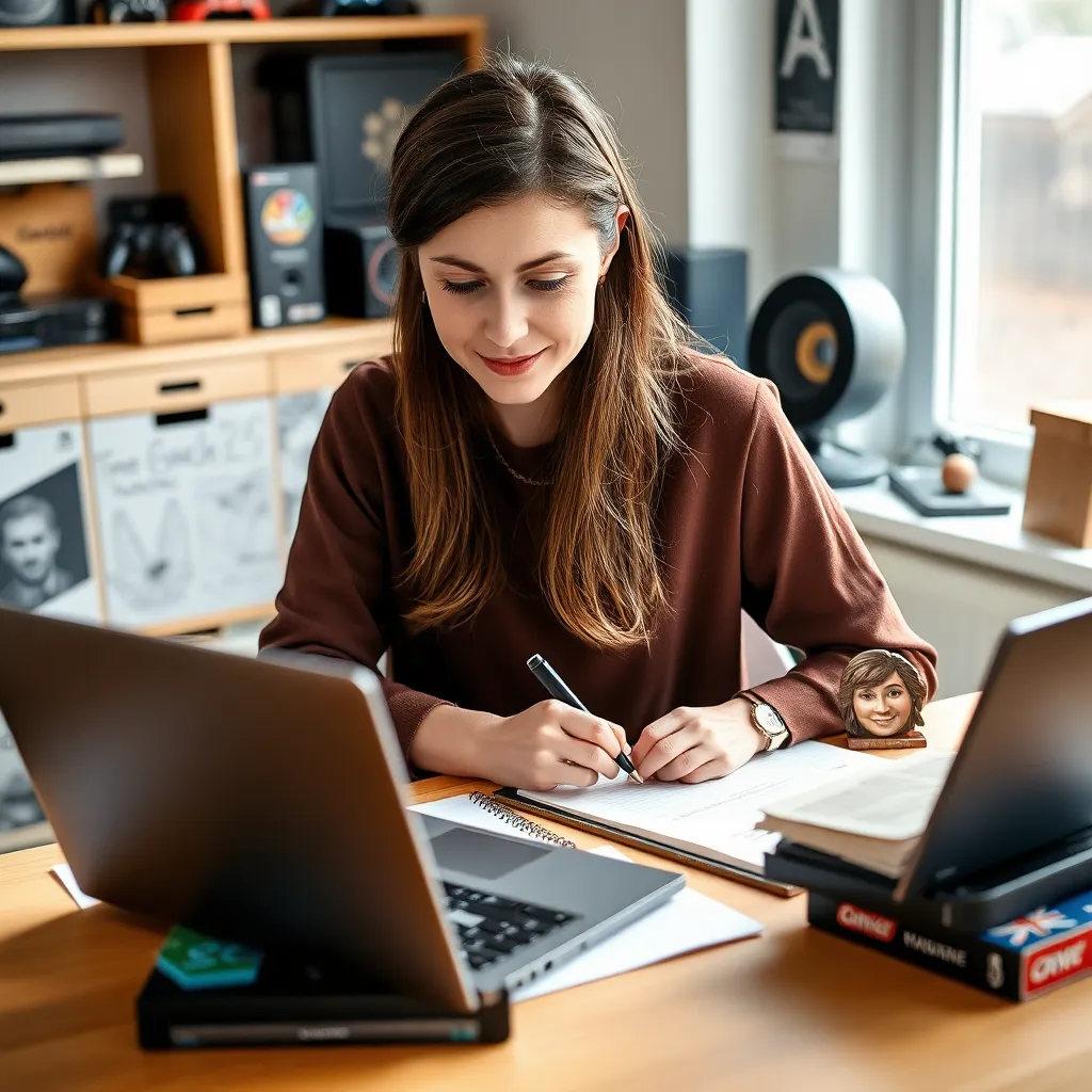 Person schreibt eine strukturierte Spielrezension am Laptop