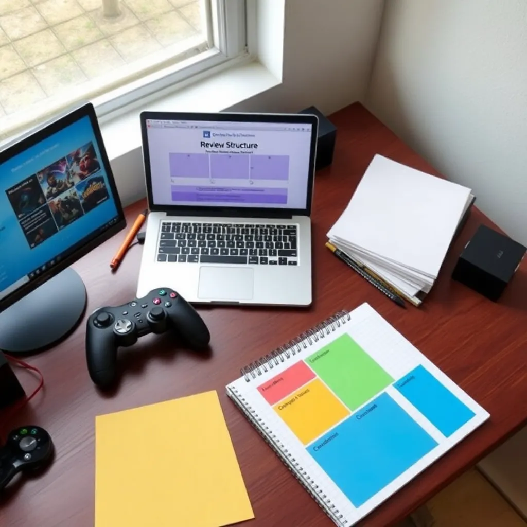 Strukturierter Aufbau einer Spielrezension mit markierten Abschnitten