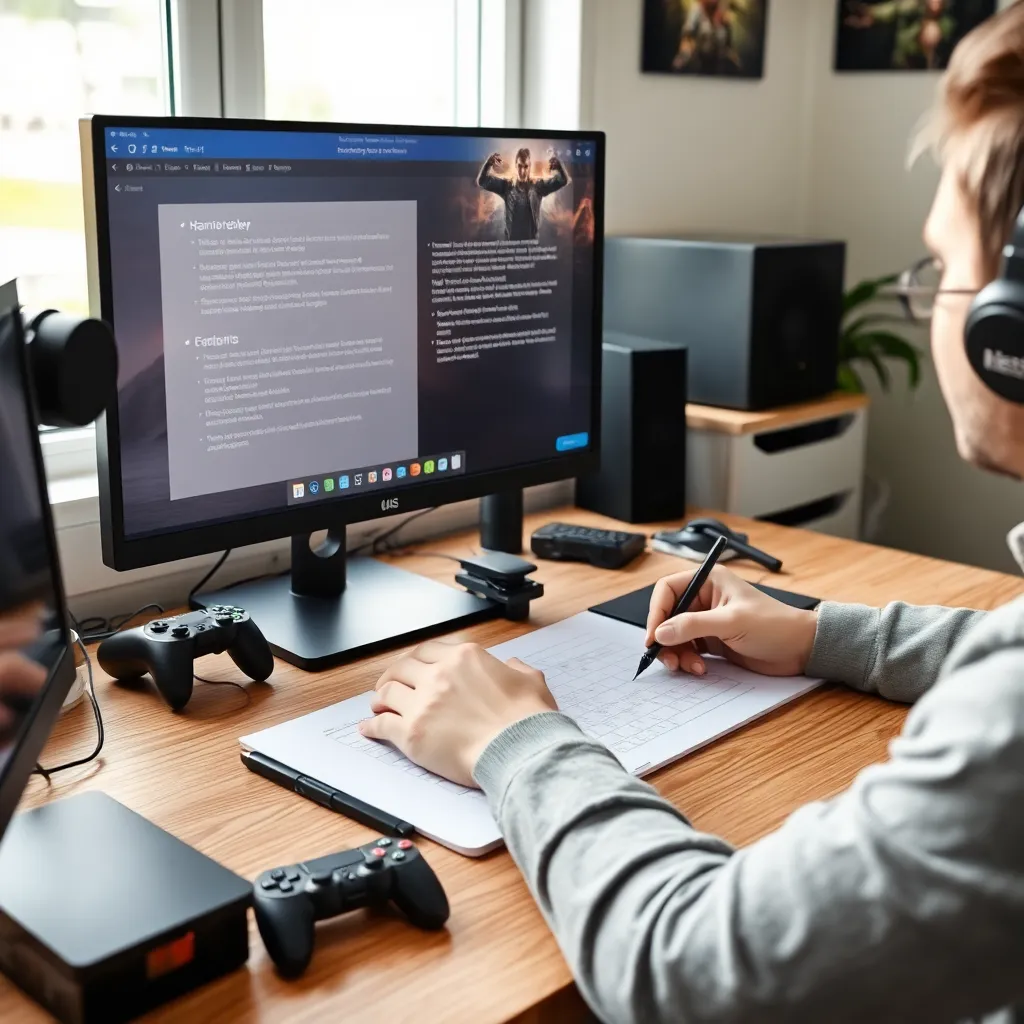 Person mit Kopfhörern analysiert die Soundeffekte und Musik eines Spiels auf einem Audio-Workstation